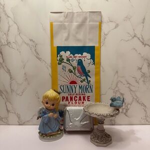 Vintage Blue Bird bundle Napco ceramic angel Sunny Morn pancake flour bag